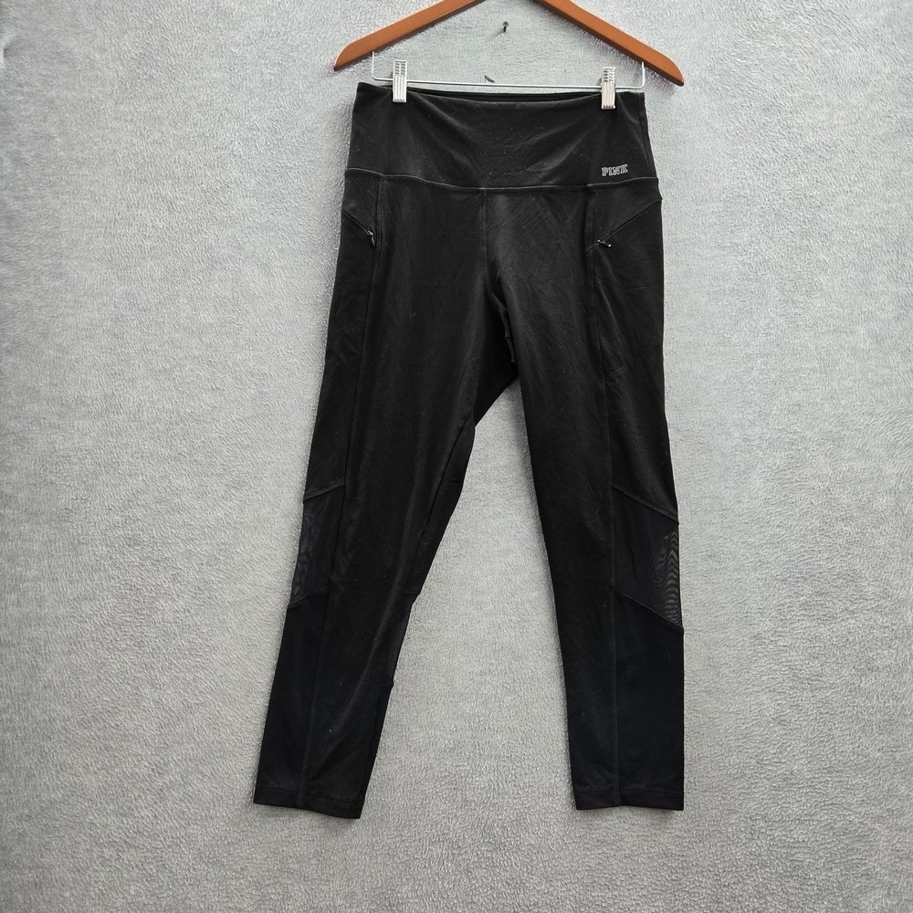 PINK Victoria's Secret Women Activewear Pants L Black Logo Text ULTIMATE Yoga